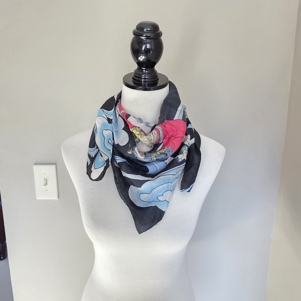 Vintage Silk Asian Scarf Goddess Of The Moon Joga Red and Blue Accents 100% Silk